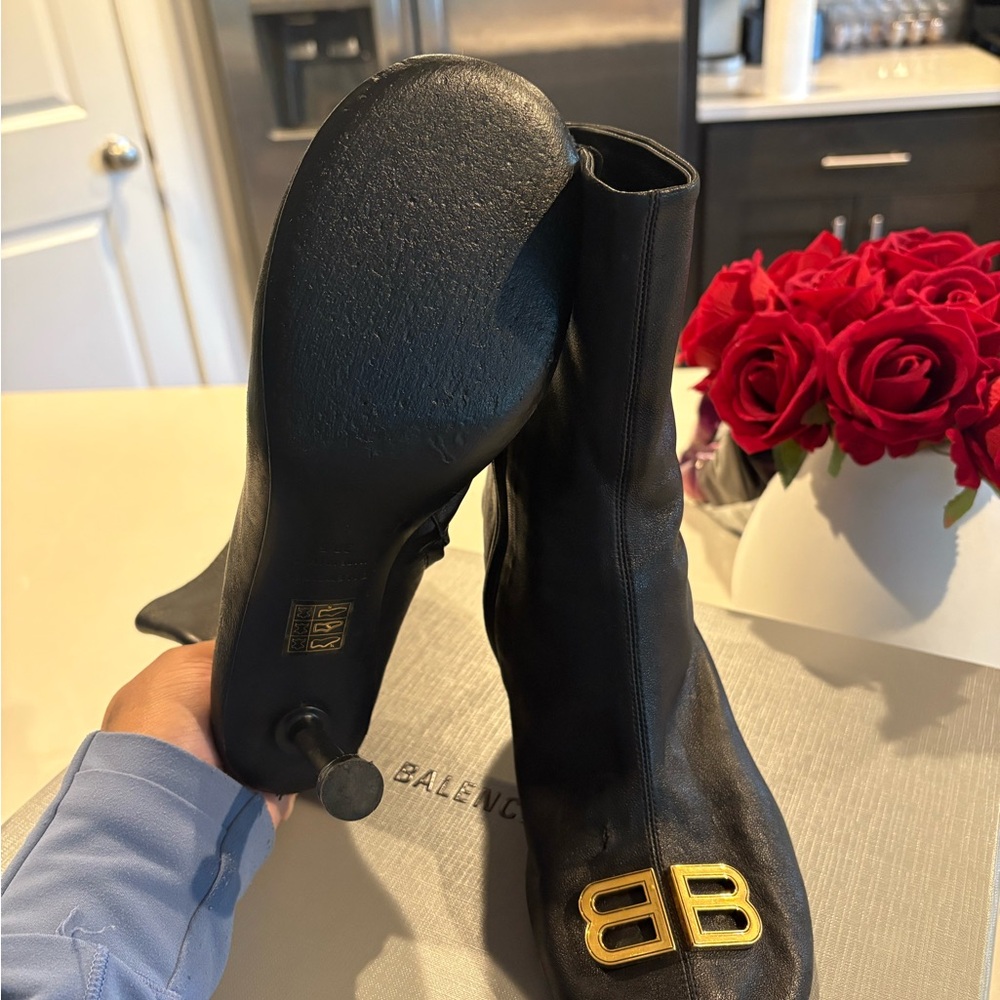 Balenciaga Black Heeled Boots with Gold Logo